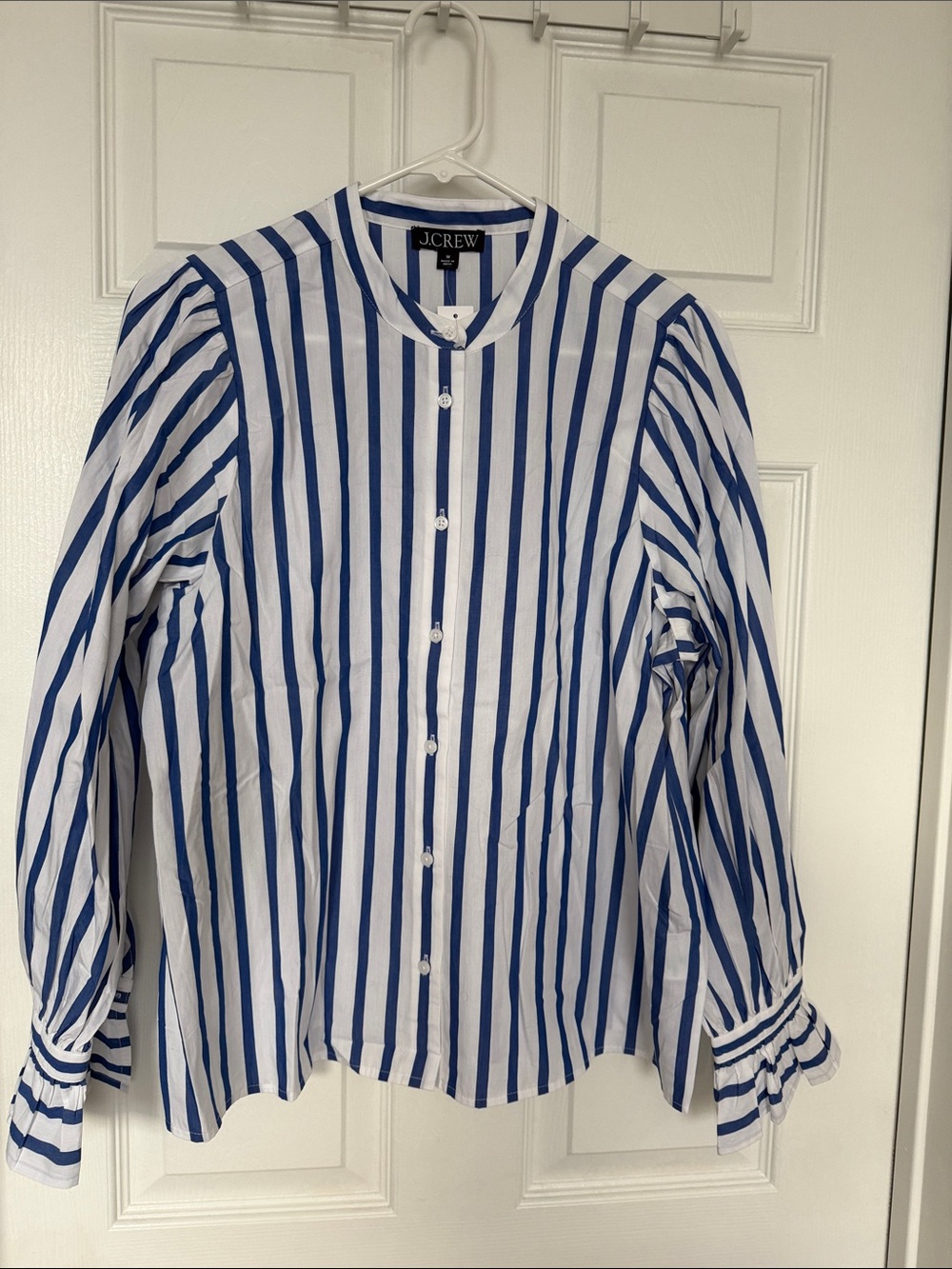 J. Crew White and Blue Vertical Stripe Band-Collar Button Front Blouse
